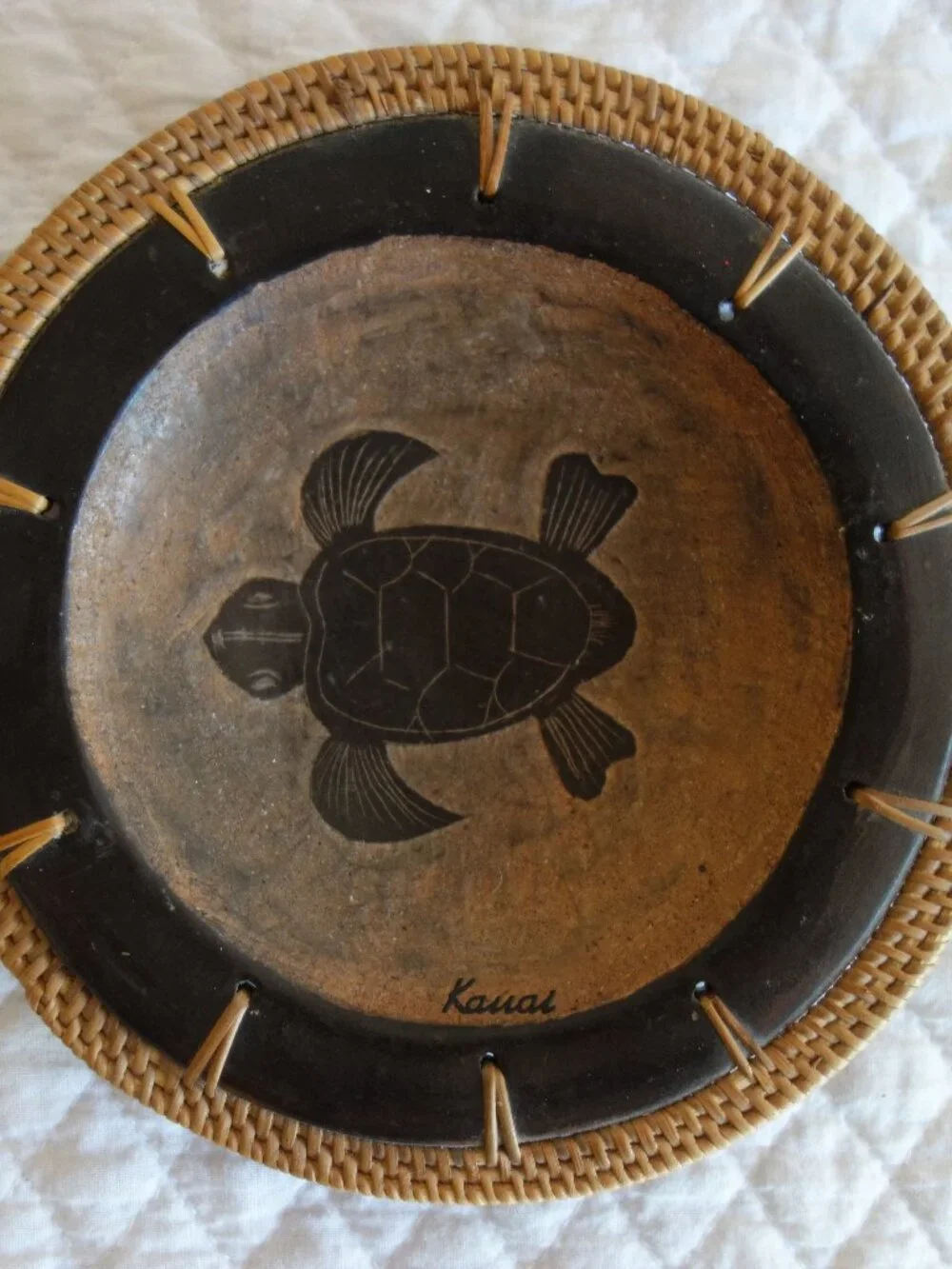 Handcrafted Pottery Bowl w/ Basket Weave Trim – Turtle Design – Kauai Hawaii